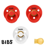BIBS Colour Sutter med navn str2, 2 Candy Apple, 1 White, Runde latex, Pakke med 3 sutter